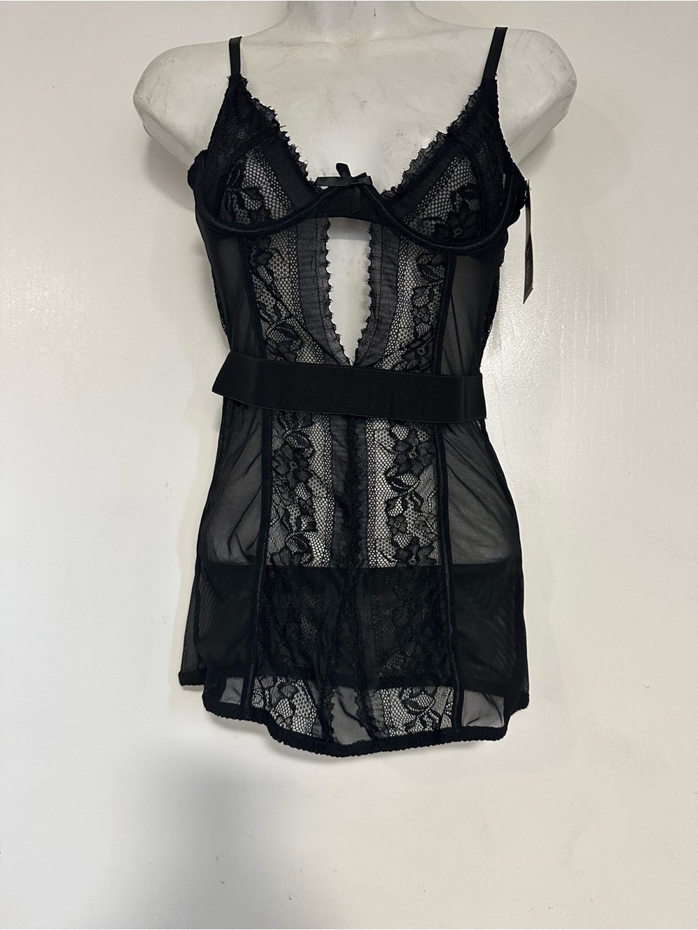 Sexy  Lace Mini Slip Dress / thong Babydoll Black Size Small